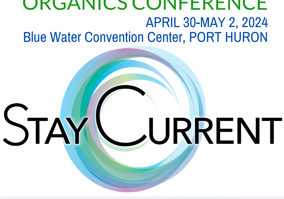 Michigan Recycling Coalition 42nd Annual Conference - April 30-May 2, 2024 - the event theme is "stay current" with gradient circles evoking waves